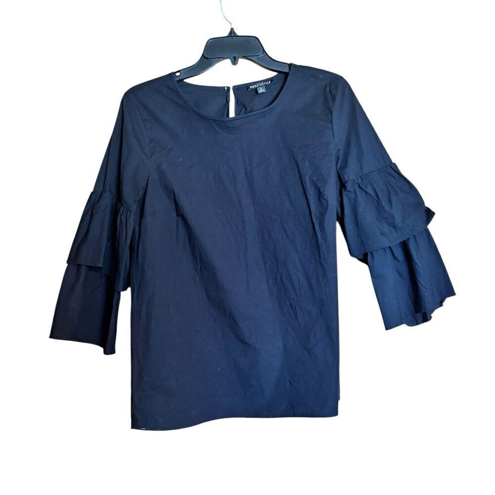 J Crew Top Womens 8 Black Solid Tiered Sleeves Cotton Blend Stretch Blouse